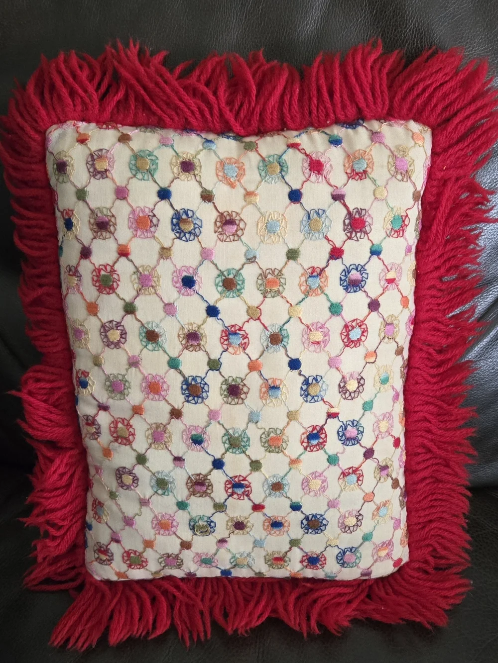 Vintage Embroidered Multicolor Decorative Throw Pillow with Red Fringe